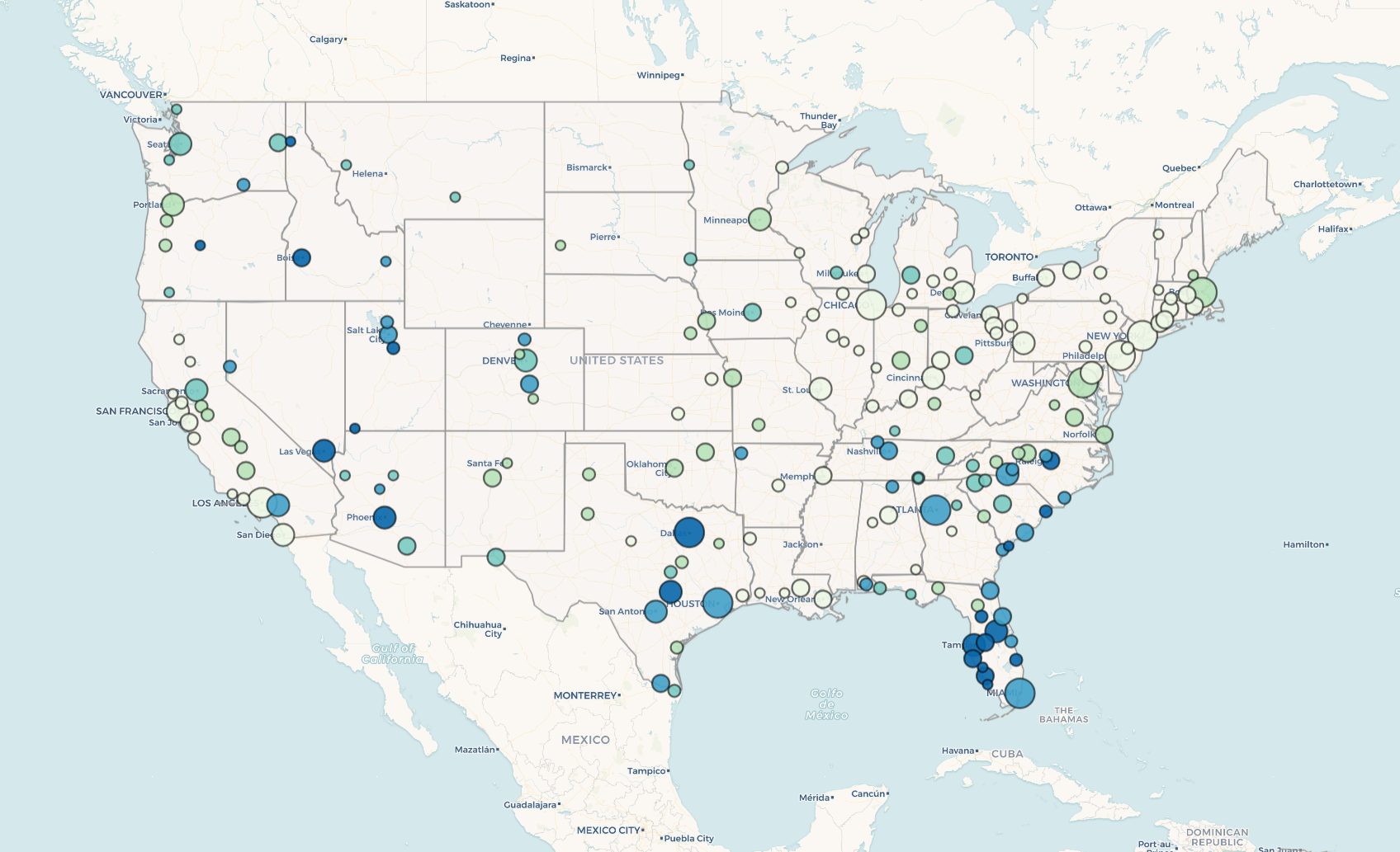 Investment score — metro bubble map, teal/blue